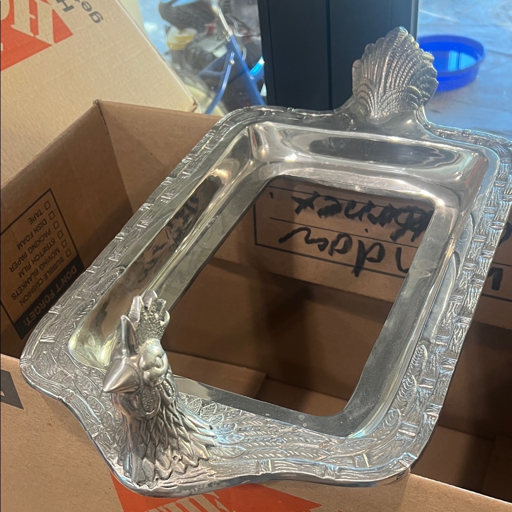 Ornate Silver Rooster Tray for Kitchen Decor